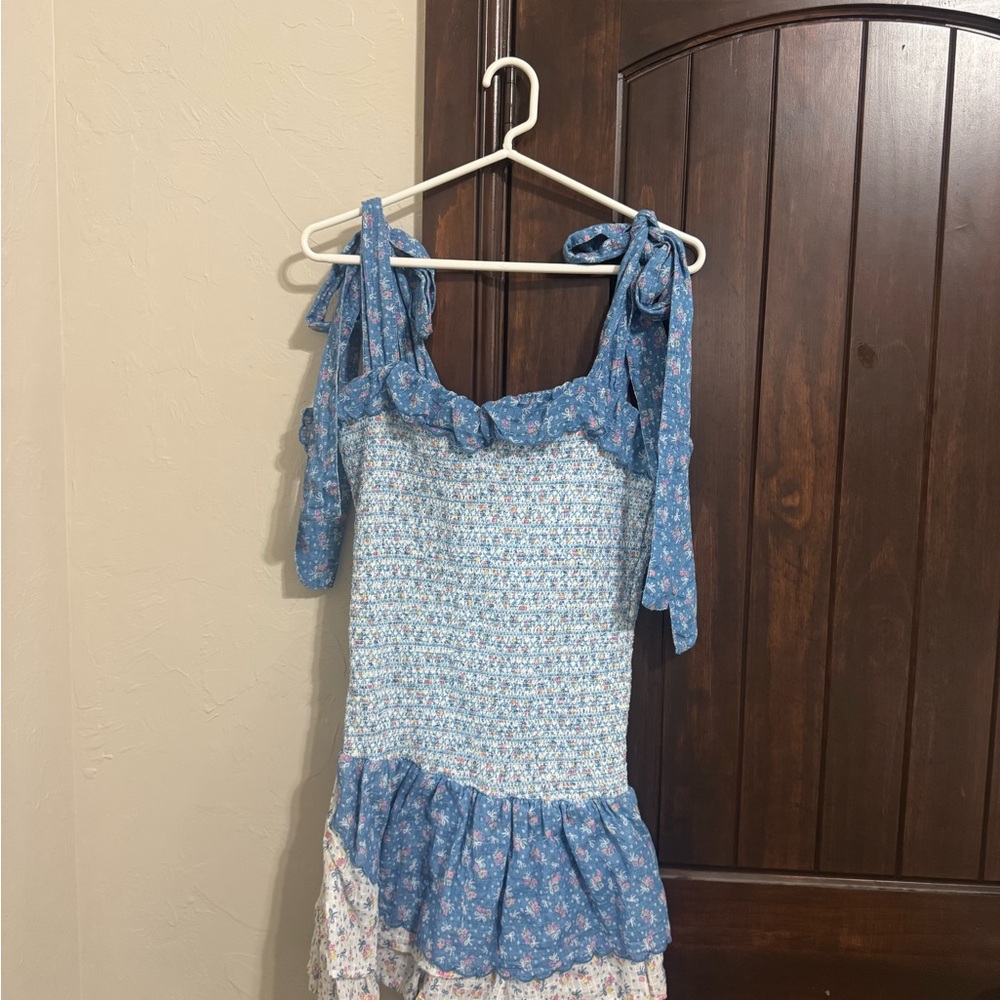 LoveShackFancy Blue and White Floral Mini Dress